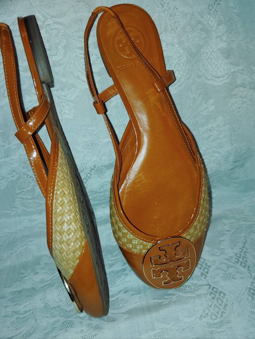 Tory Burch Raffia Patent Leather Logo Flat Slingbacks Orange Sz 8 M - Picture 6 of 8